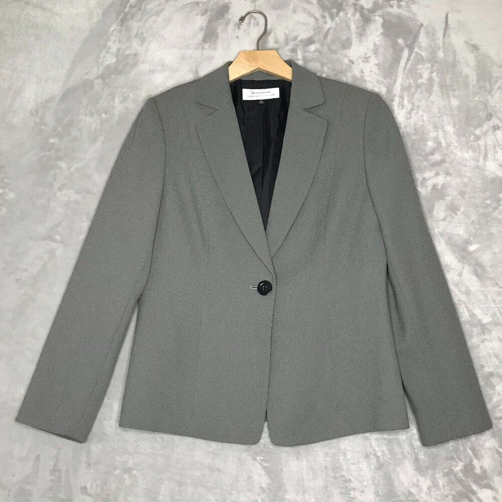 Tahari Blazer Jacket Womens 10 Black White Single Button Closure Lined Career